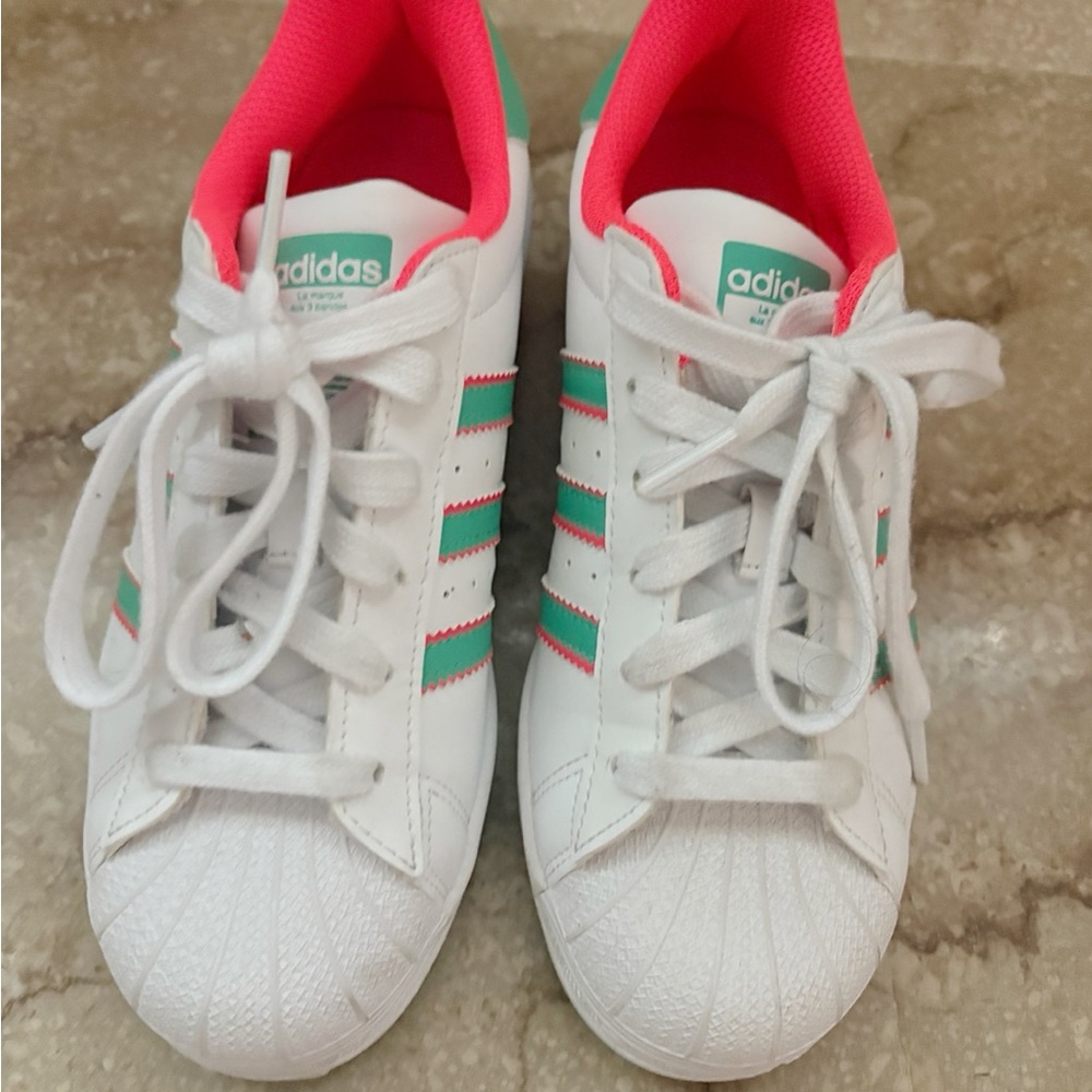 Adidas White with Teal and Coral Accents Japan Edition Sneakers Size 4 kids EUC - Picture 3 of 6